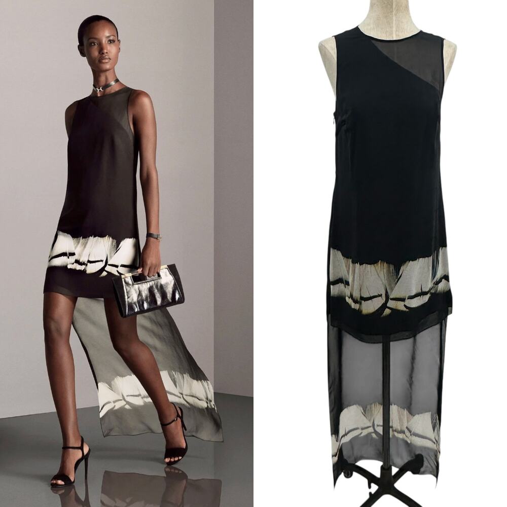 Halston Heritage Hi-Low Dress Feather Print‎ Silk Black Size 2